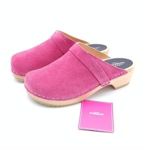 Swedish Hasbeens Pink Suede Wood Clogs Women's Size 6 EU 36
